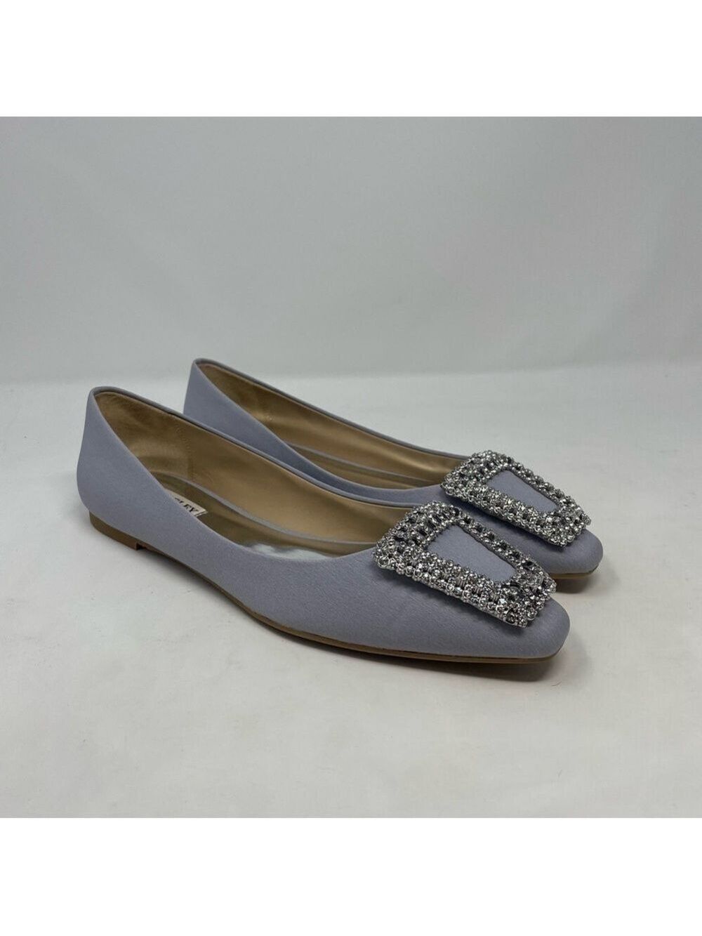 Badgley Mischka Emerie Embellished Crystal Buckle Satin Silver Slip on Flats NWT - Picture 5 of 13